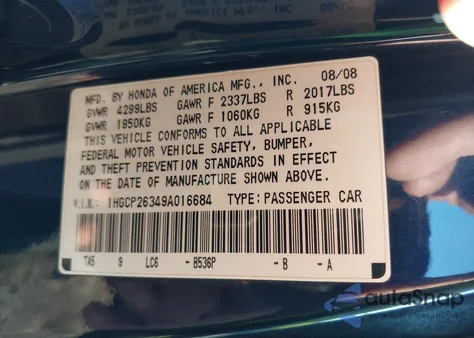 2009 Honda Accord 2.4 Lx from USA, damaged, VIN 1HGCP26349A016684